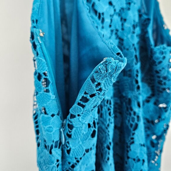 Sugar + Lips Midi Dress Small Blue Floral Lace Overlay Sleeveless Stretch NEW - Picture 8 of 11